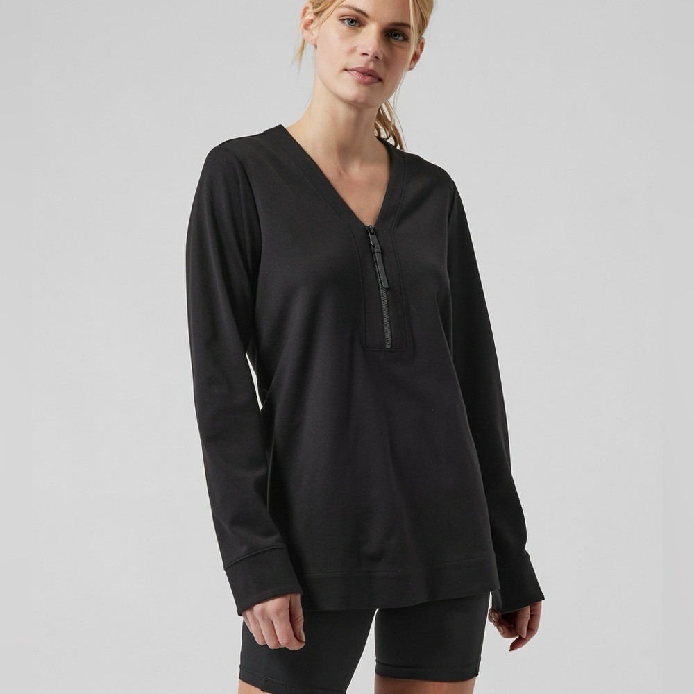 Athleta Eastbound Half Zip Sweatshirt Black Small Luxe Work-to-Travel Pullover